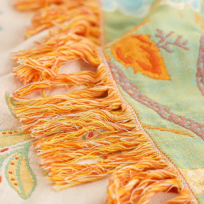 Coperta Bohemien a Motivi Floreali con Frange 