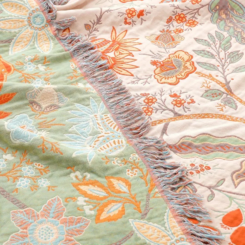Coperta Bohemien a Motivi Floreali con Frange 