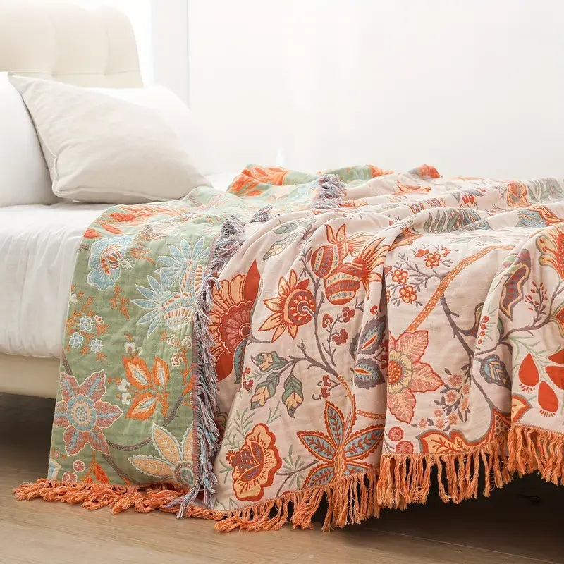 Coperta Bohemien a Motivi Floreali con Frange 