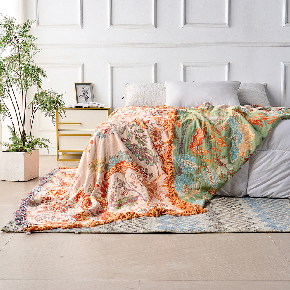 Coperta Bohemien a Motivi Floreali con Frange 