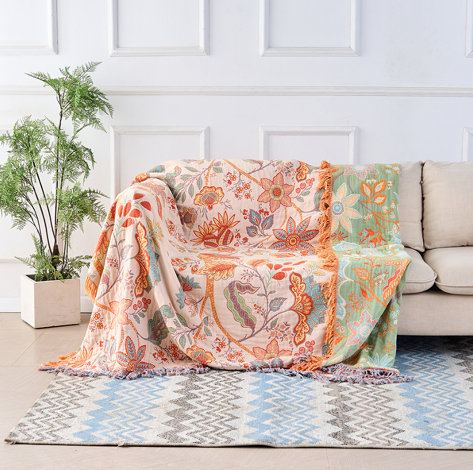 Coperta Bohemien a Motivi Floreali con Frange 