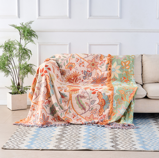 Coperta Bohemien a Motivi Floreali con Frange 