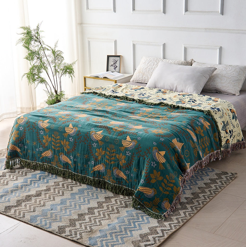 Plaid Réversible Style Scandinave Motifs Oiseaux